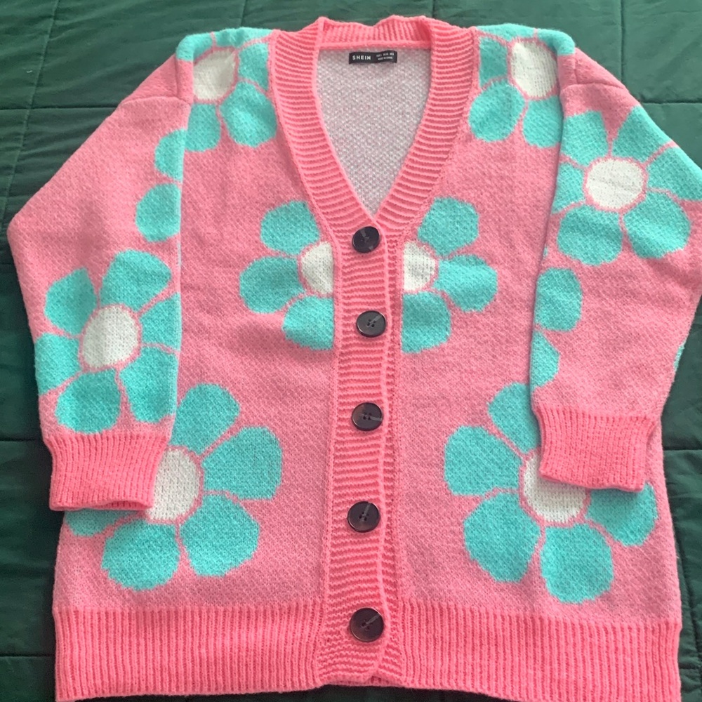 NWOT SHEIN Pink Cardigan with Green Floral Pattern